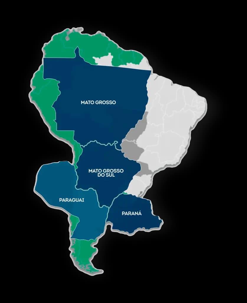 Mapa de presença e atuação da Amoreira Construtora no Brasil e no Paraguai.